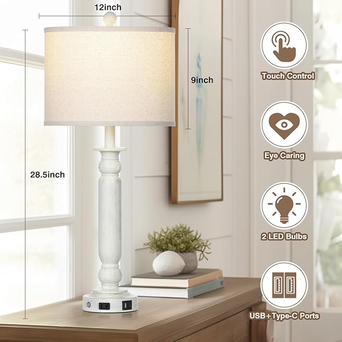 28.5" Farmhouse Table Lamps Set of 2 with USB C+A Ports & AC Outlet for Vintage Living Room Retro Bedroom,3-Way Dimmable Touch Lamp Resin Bedside Lamps for Nightstand Side End Table,White-2