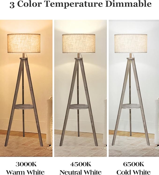 ELYONA Tripod Floor Lamp with 3 Color Temperatures LED Blub, Wood Floor Lamp with Table - Farmhouse Tall Reading Standing Light for Living Room, Bedroom, Office, Study Room, Pull Chain Controls, Grey