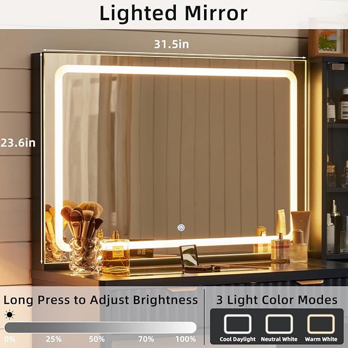 LEYAOYAO Vanity Desk with Mirror and Lights with Stool, 43.5'' Fluted Makeup Vanity with 6 Drawers and Adjustable Shelves,Wood Make Up Vanity Set with Glass Top and Power Outlet for Bedroom