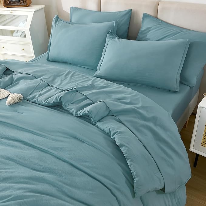 Litanika Full Size Comforter Sets Grayish Teal - 7 Pieces Bed in a Bag Full Bedding Comforter Sets, Solid Lightweight Bed Set with Comforter, Sheets, Pillowcases & Shams