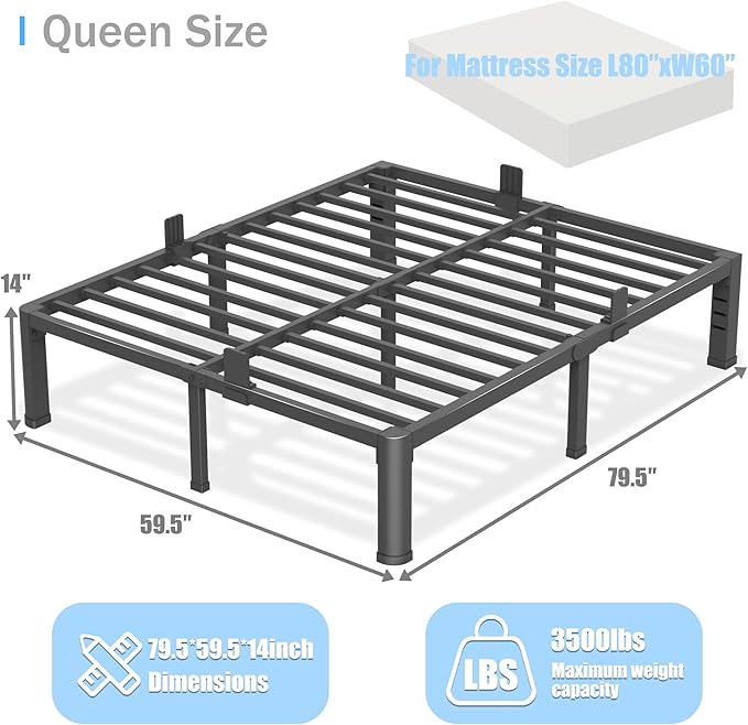 14 inch Queen Bed Frame with Round Corner Legs and Headboard Hole Mattress Slide Stopper 3500 lbs Heavy Duty Metal Platform,Steel Slats Support,No Box Spring Needed,Easy Assembly,Noise Free