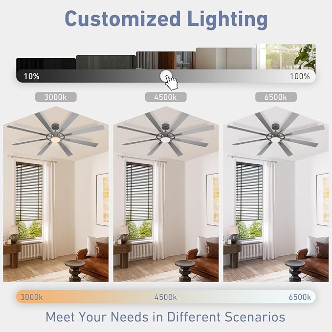 60 Inch Smart Ceiling Fan, Silver Indoor/Outdoor Ceiling Fans with Lights and Remote, Compatible with Alexa/Google/App, 3CCT Dimmable 6 Speeds Timing for Living Room Bedroom Patio