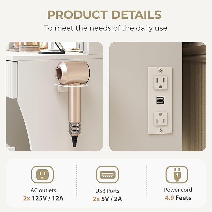 Small Vanity Desk with Mirror and Lights, Makeup Vanity Desk with 3 Color Modes Adjustable Bulb, 2 Large Drawers and 4 Open Storage Shelves, White Vanity with Charging Station for Bedroom