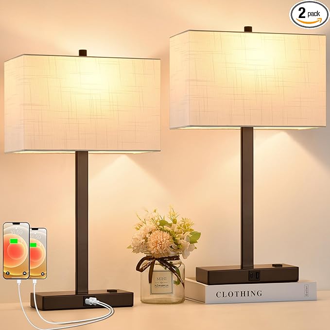 21" Touch Bedside lamps with 2 USB & AC Outlets, 3-Way Dimmable Bedside Table Lamps Set of 2 for Bedroom Living Room Office Reading, White Shade Lamps for Night Stands, 2700K LED Bulbs Included