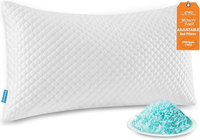 Cooling Memory Foam Pillows Firm and Soft, Queen Size 1 Pack, Original Adjustable Pillows for Side, Back or Stomach Sleepers with Removable Washable Cover