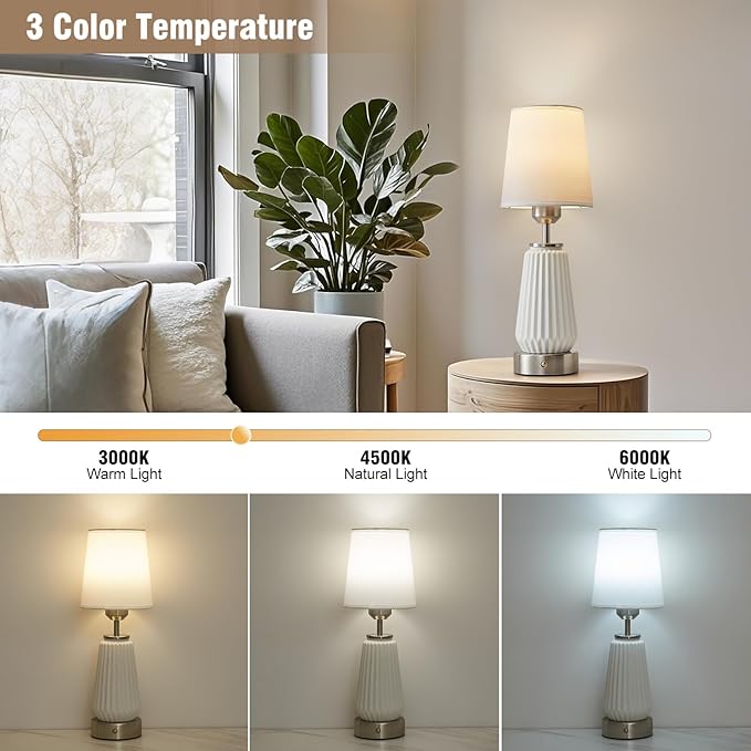 Farmhouse Ceramic Cordless Table Lamp Set of 2 with 4000mAh Rechargeable Battery Touch Dimmable Bedside Lamp for Bedroom, Living Room Portable Night Light with LED Bulbs Included,Silver