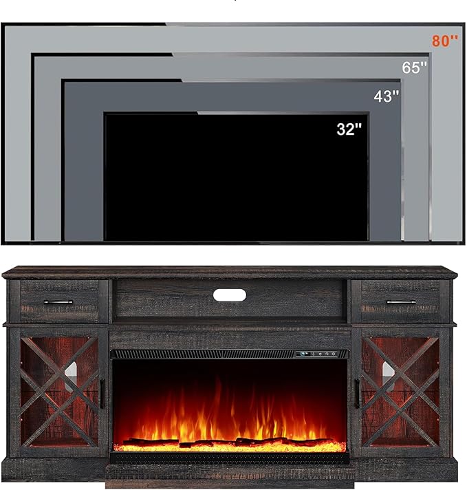 3-Sided Farmhouse LED Fireplace TV Stand, 70" Large Entertainment Center Glass Doors for TVs up to 80", Modern Wood Grain High-Gloss TV Storage Cabinet for Living Room, Black