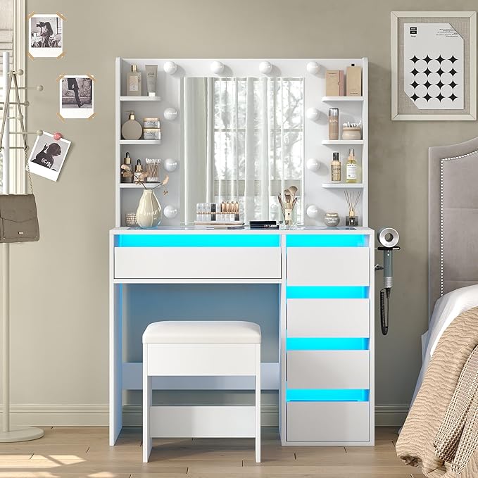 Vanity Desk with Mirror and Lights, 37" Makeup Vanity Desk with Lights 3 Colors, Glass Top Vanity with 5 RGB Drawers, 6 Shelves, Power Outlet, Chair, Dressing Table for Bedroom, White