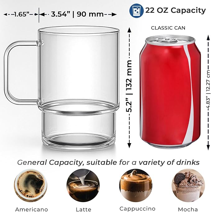 Aquach 22oz Stackable Glass Mugs with Handle, Set of 2 - Large Clear Coffee Cups for Latte, Cappuccino, Mocha, Americano, and Tea