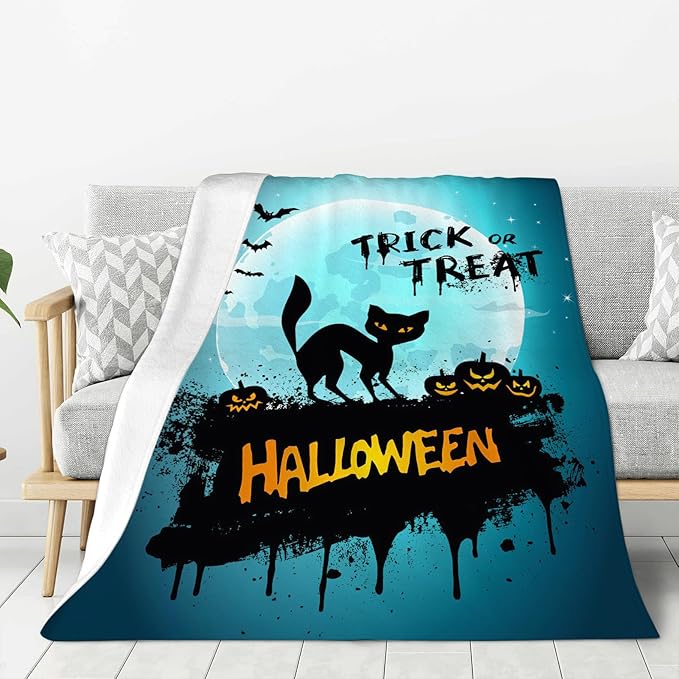 Halloween Blanket Cat Pumpkin Throw Blankets Cozy Fleece Flannel Horror Bedding Stuff Gifts for Men Women Boys Girls Teens Kids Adults for Couch Sofa Bed Decor 60"X80"