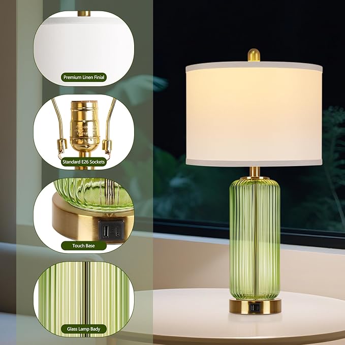 Table Lamps Set of 2 with Touch Control, 3-Way Dimmable Nightstand Lamp with Vertical Grained Glass, 27" Modern Glass Bedside Lamps with USB A+C Ports, Green Bedside Table Lamps, Desk Lamp for Bedroom