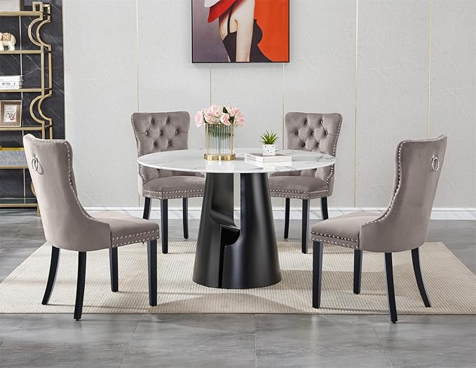 5-Piece Faux Marble Round Dining Table Set for 4, Modern Luxury Kitchen Table Set for 4 with Grey Tufted Chairs,Circle Dining Tables with White Marble Grain Top and Black Pedestal Base