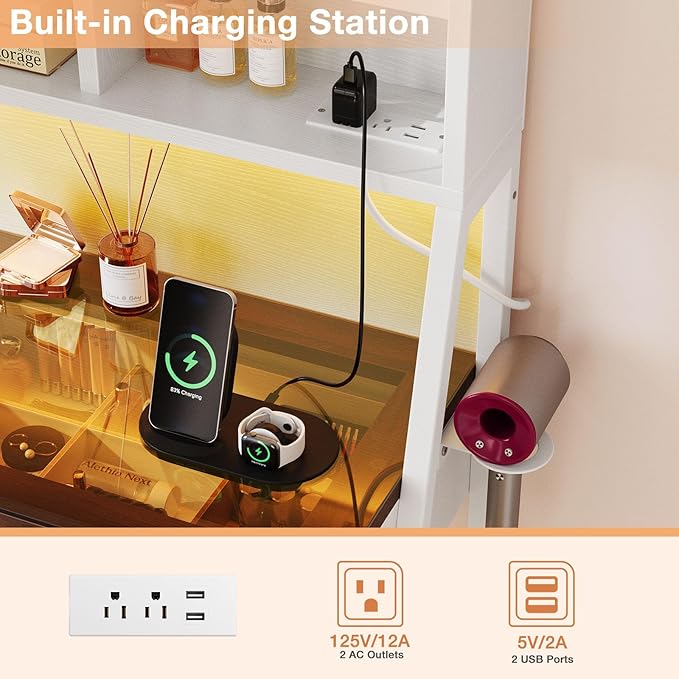 Vanity Desk with Mirror and Lights, 47inch Makeup Table with 3 Color Modes, Large Vanity Desk with Power Outlet, Light Strip, 2 Drawers, 8 Shelves, Cushioned Stool for Bedroom, White