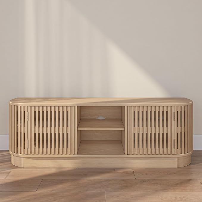 Plank+Beam Contour Wood TV Stand, Solid Wood Entertainment Console with Storage, 59" L x 16" W x 19" H, Blonde