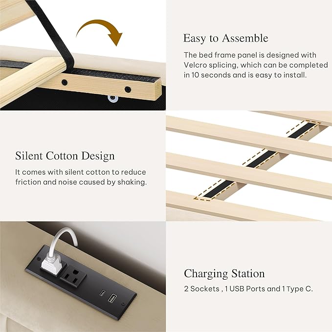 YITAHOME Full Size Bed Frame with Adjustable Headboard, 4 Storage Drawers and Charging Station, Velvet Upholstered Bed Frame with Button Tufted, No Box Spring Needed, Fast Assembly, Noise-Free, Beige