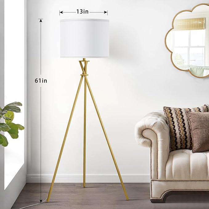 Gold Tripod Floor Lamp, 61”Tall Floor Lamps, Standing Lamp with Rotary Switch, Modern Floor Lamp Simple Design with White Shade, Floor Lamps for Living Room, Bedroom, Office, Without Bulb