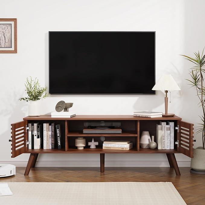 53" Mid Century Modern TV Stand for 50/55/60 inch TV, TV Media Console with Slatted Doors for TVs up to 60", Entertainment Center with Storage for Living Room, Bedroom, Walnut