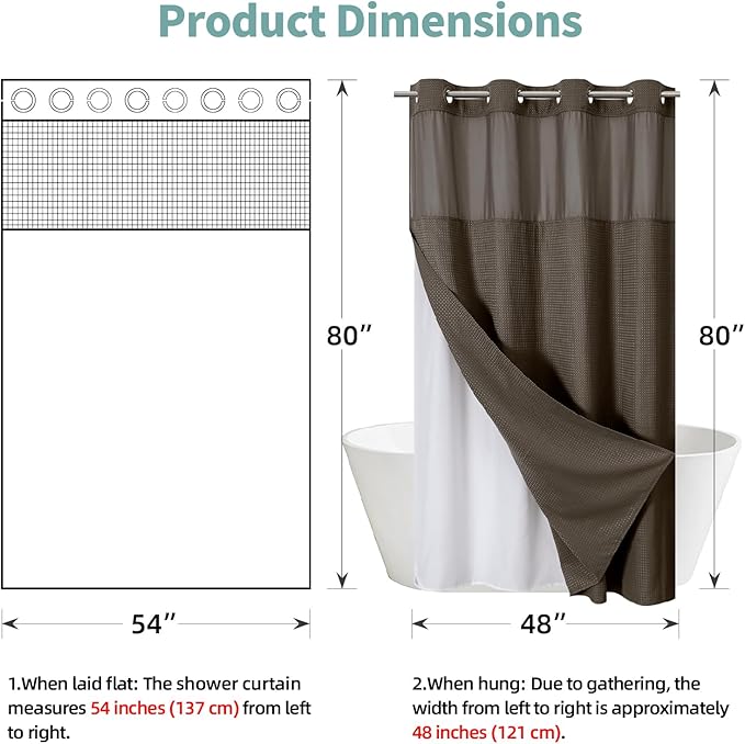 Brown No Hook Waffle Weave Shower Curtain with snap-in Liner Replacement, 230GSM Waterproof Fabric Hotel Shower Curtain Set for Bathroom, Through Mesh Top Window,54Wx80H