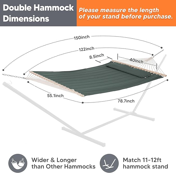 SUNCREAT Hammocks Replacement Hammock for Stand, 475 lbs Capacity, Two Person Backyard Hammock for Outside, Green Gray