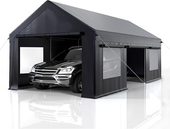 Carport 12' x 20' Heavy Duty Portable Garage, Carport Canopy with Side-Opening Door & Roll-Up Windows, Car Canopy Reinforced Four-Hole Base for Car, Truck, Boat, Party, Black