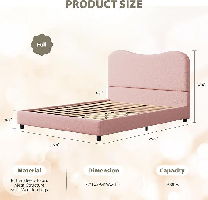 GarveeHome Full Size Bed Frame for Kids with Velvet Upholstered Headboard, Cute Low Profile Platform Bed for Girls and Boys, No Box Spring Needed, Strong Wooden Slats, Noise Free, Easy Assembly, Pink