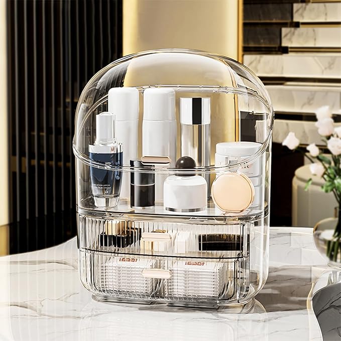 DASITON Makeup Organizer for Vanity,Large Capacity Cosmetic Organizer for Countertop,3 Layers Makeup Storage Organizer,Waterproof & Dustproof Cosmetic Display Case for Bathroom,Dresser,Bedroom(Clear)
