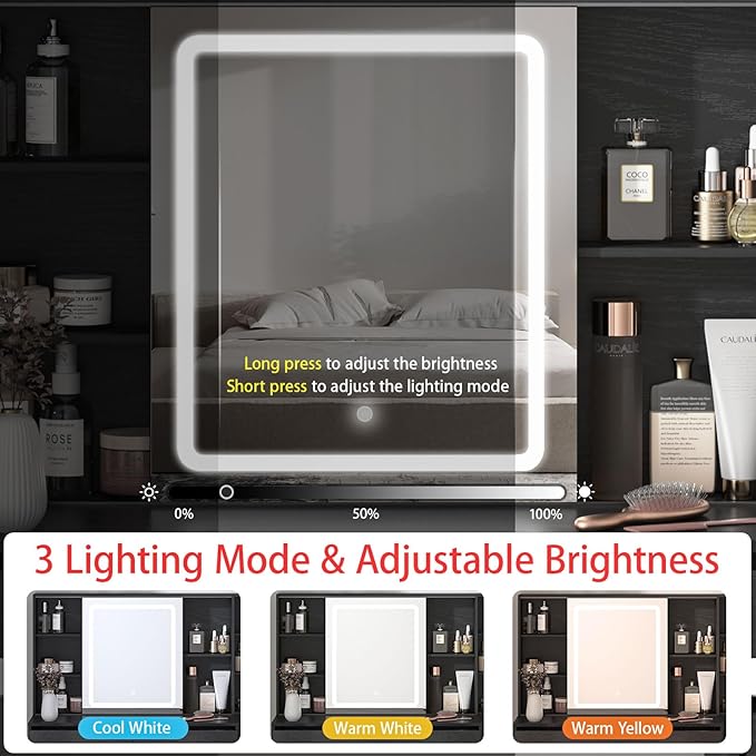 Fameill Vanity Desk with Mirror and Lights, Makeup Vanity with 5 Drawers, Makeup Desk with Charging Station and Ample Storage, Dressing Table with Chair for Bedroom Room (Black)