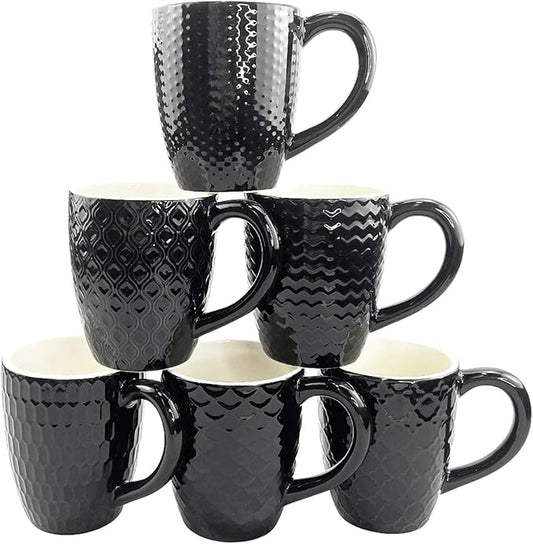 Schliersee 12 OZ Black Ceramic Coffee Mugs Set 6, Stylish Embossed 6 Patterns Coffee Cups Set for Coffee, Tea, Milk, Cocoa, Cereal, Water, Microwave Safe