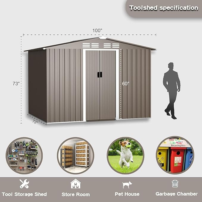 Kullavik 8FT x 6FT Outdoor Storage Shed,Waterproof Metal Tool Shed with Lockable Sliding Door and Air Vents,Metal Storage Shed for Garden,Patio