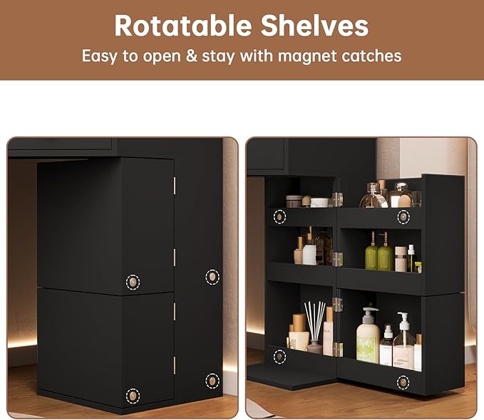 Vanity Desk with Mirror Lights, Storage Bench & Power Outlet, Corner Vanities with Rotating Cabinet & Drawers, 42.5" L Shaped Vanity Set, 3 Light Settings, for Women Girls, Modern Black