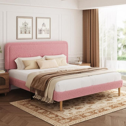 King Size Boucle Platform Bed Frame, Anti-Collision Soft Rounded Corners, Adjustable Headboard, No Box Spring Needed, Easy Assembly, Noise Free, Pink