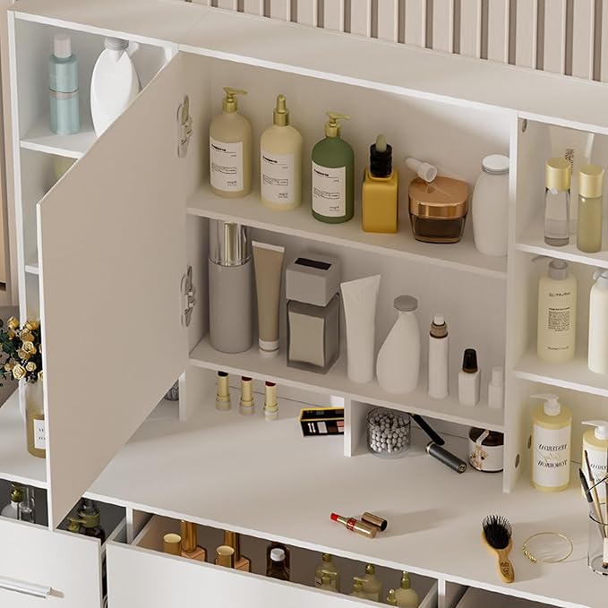 Large Vanity Table Set, 7 Storage 8 Shelves Makeup Table with Mirror & LED Lights, Modern Dressing Table with Soft Stool and 3 Brightness Adjustable for Girls and Women, White