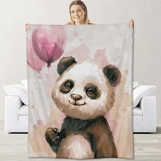 Panda Blanket for Boys Girls Teen, Flannel Panda Blankets Gifts, Panda Holding Pink Balloon Throw Blanket for Sofa Couch Bed Living Room Soft Warm Cozy Panda Decor 60" x 80"