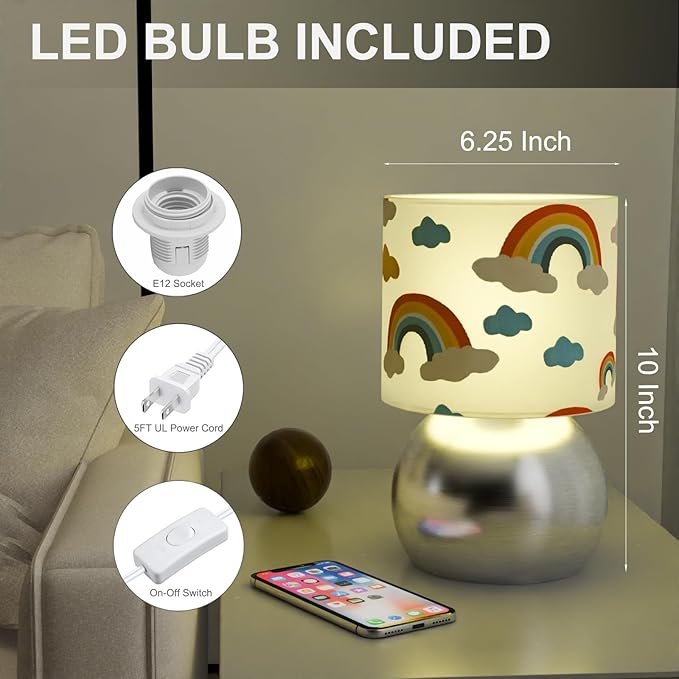 Set of 2 Silver Small Bedside Table Lamps with Rainbow Cloud Pattern Shades (Bulb Included)