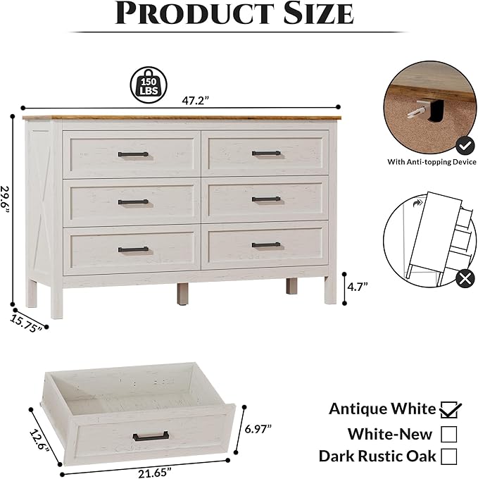 LYNSOM Farmhouse 6 Drawers Dresser for Bedroom, Wood Rustic Wide Chest of Drawers with Deep Drawers, Metal Handle, Storage Dressers Organizer for Entryway, Hallway, Antique White