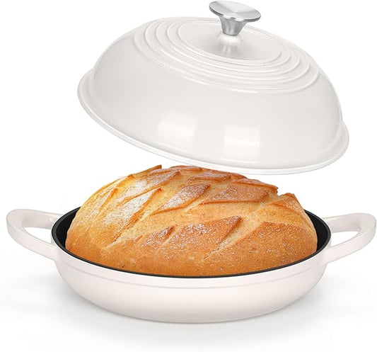 TeamFar Cast Iron Bread Dutch Oven, 6 Qt Enameled Dutch Oven Pot for Sourdough Bread Baking, with Tall Dome Lid & Round Base Pan, Self-Basting & Even-Heating, Heavy-Duty & Non-stick, White