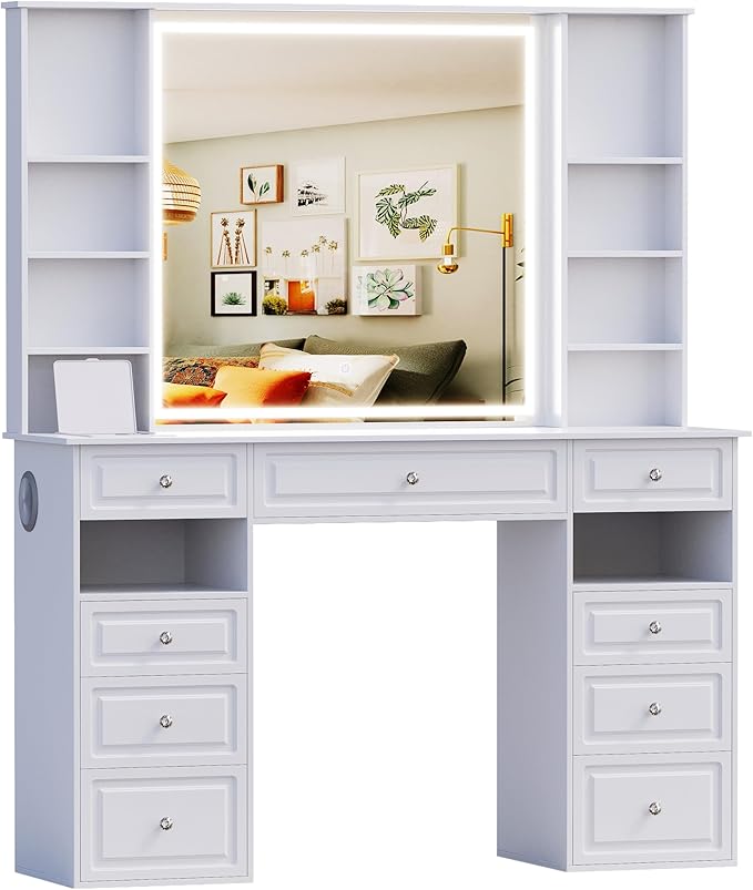 Vanity Desk with Mirror and Lights, Makeup Vanity Desk with Facial Mask Box, Dressing Table with Bluetooth Speaker, Makeup Vanity Set with Wireless Charger, 9 Drawers and 10 Shelves (47" W, White-A)