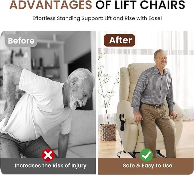 TEKAMON Power Lift Recliner Chair for Elderly with Heat & Massage, Dual Motor Genuine Leather Recliner, Lay Flat Sleeping Chairs with Infinite Position, RemoteControl(Beige, Extended)