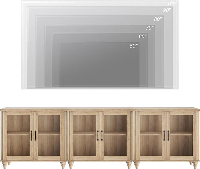 WAMPAT 100 Inch TV Stand with Glass Door, Wood TV Cabinet Entertainment Center for 75/80/85 Inch TV, 3-in-1 Kitchen Buffet Cabinet with 6 Storage Cabinets for Dining Room & Living Room, Oak