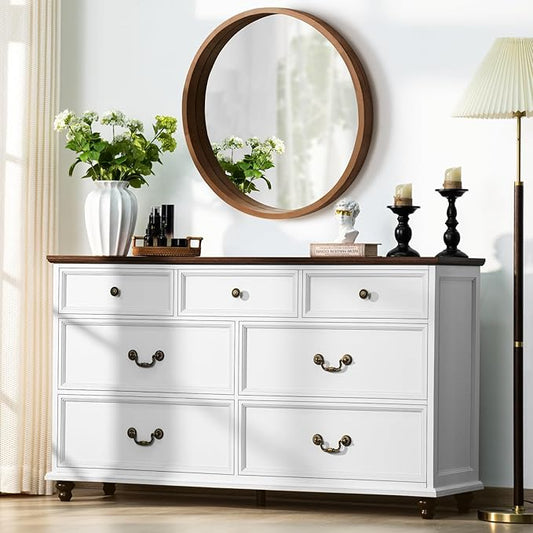 Farmhouse 54" 7 Drawers Dresser for Bedroom, White Wood Chest of Drawers w/ 4 Wooden Legs, Vintage Closet Storage Dressers Organizer for Hallway, Rustic Large TV Stand for Living Room, Foyer