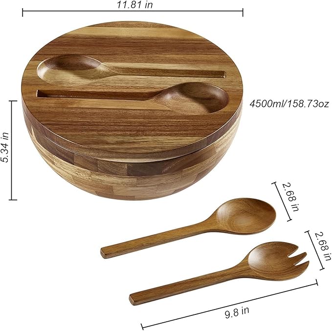 Wooden Salad Bowl, Salad Bowls, 11.8" Large Salad Bowl with Serving Utensils, Big Wood Serving Bowls for Food, Fruits, Salad, Cereal, Corn flake, Pasta