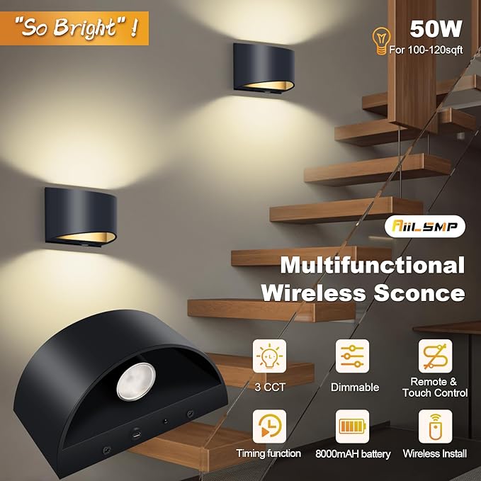 Battery Operated Wall Sconce with Remote Control,No Hardwired Aluminum Black Modern LED Wall Sconce Indoor,50W Equivalent Battery Wall Light,3000K-6500K Dimmable Wall Lamp