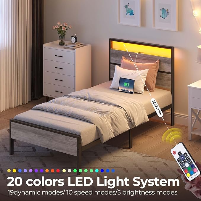 Rolanstar Twin Bed Frames with Headboard, Twin Bed with LED Lights, Camas Twin Size Bed with Charging Station, Solid Metal Slats, Noise Free, No Box Spring Needed, Grey