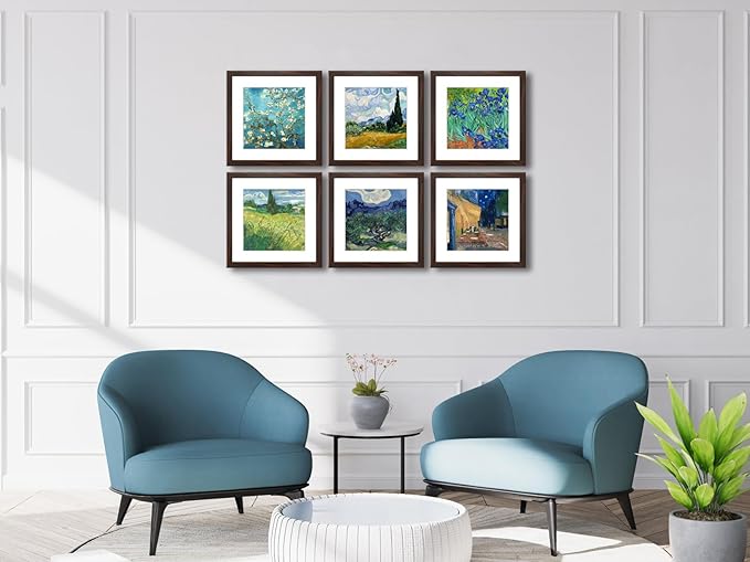 11x11 Picture Frame Set of 6 with Real Glass for Pictures 8x8 with Mat or 11x11 Without Mat, Wall Gallery or Tabletop display Photo Frames in Walnut