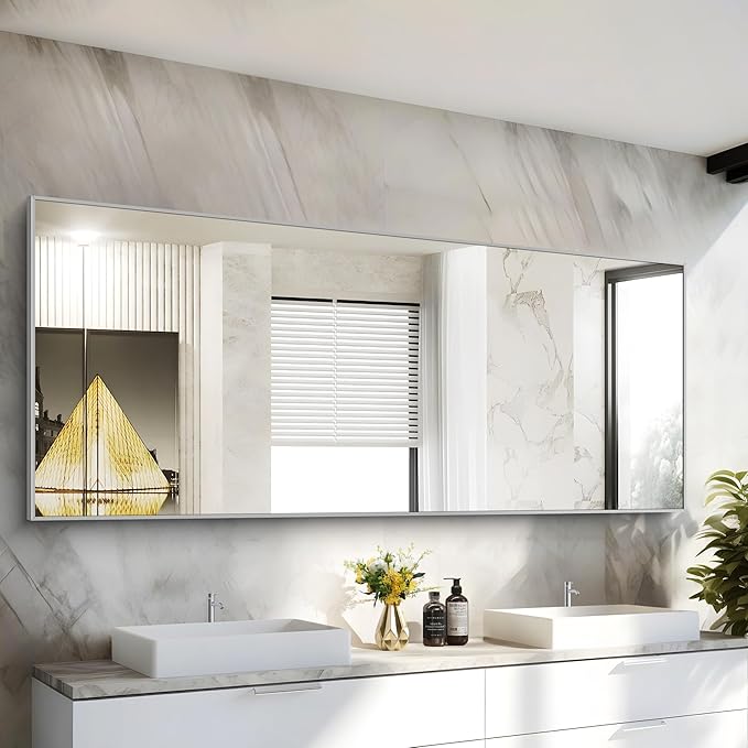 30x72inch Bathroom Mirror, Silver Rectangle Mirror with Thin Metal Frame, Large Rectangular Wall Mirror for Bathroom, Living Roomm, Hair Salon, Big Farmehouse Mirror Hang Horizontal/Vertical