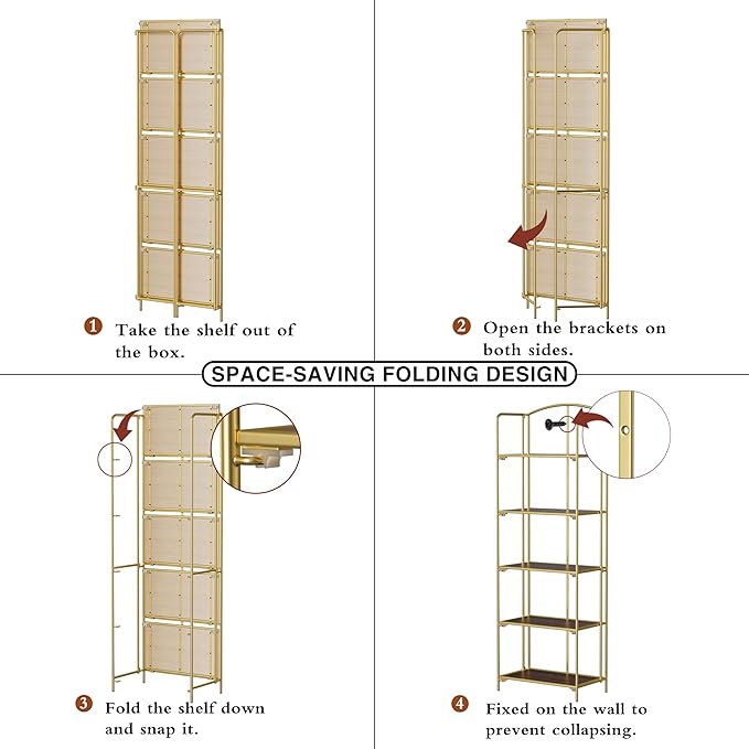 Crofy No Assembly Folding Bookshelf for Living Room, 5 Tier Gold Collapsible Book Shelf for Home Office, Portable Bookcase Storage Organizer