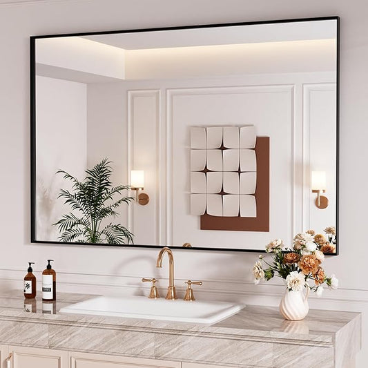 48x32 Inch Black Bthroom Mirror,Black Metal Frame Vanity Mirror for Wall,Square Corner, Rectangle,Tempered Glass,Anti-Rust (Horizontal/Vertical), Bedroom, Living Room, Entryway