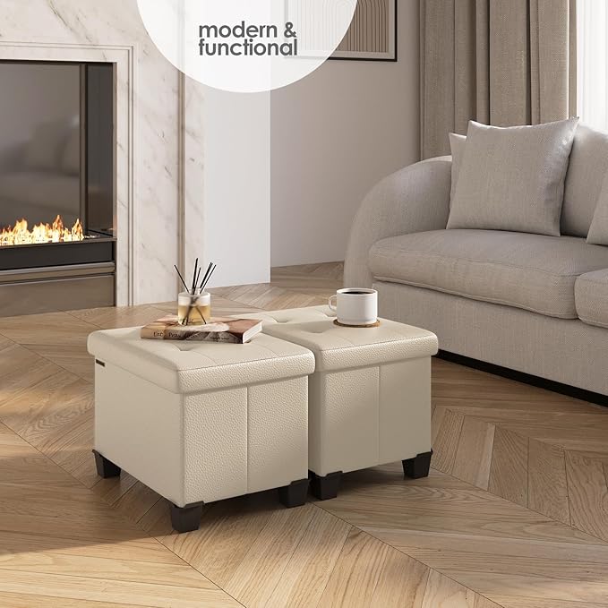 STORAGEBUD Storage Ottoman Cube with Small Bin, 16-in Square Ottoman with Storage for Living Room and Bedroom, Small Ottomans Foot Rest, Faux Leather Foot Stools Ottomans Max 330lbs, Beige