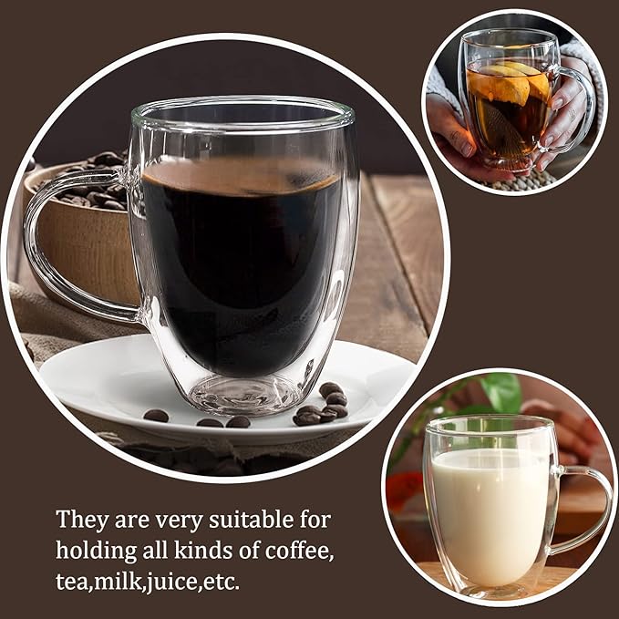 Espresso Cups, Double Wall Glass Coffee Mugs with Handle, Clear Coffee Cups, Cappuccino Lattee Tea Cup, Insulated Glassware for Hot Cold Coffee,4 Pack,12 oz
