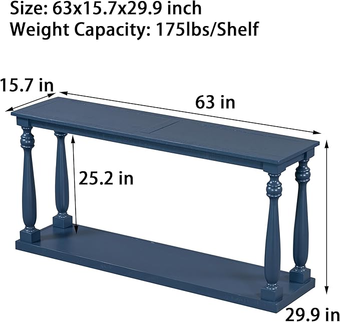 63 Inch Console Table with 4 Vase-Leg, Vintage Wood Grain Sofa Table Behind Couch, Narrow Entryway Accent Table for Living Room, Entrance, Hallway, Foyer, Bedroom, Apartments, Blue
